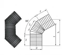 Отвод 60° гофрированный канализационный 190/160 пэ SN8/SN6